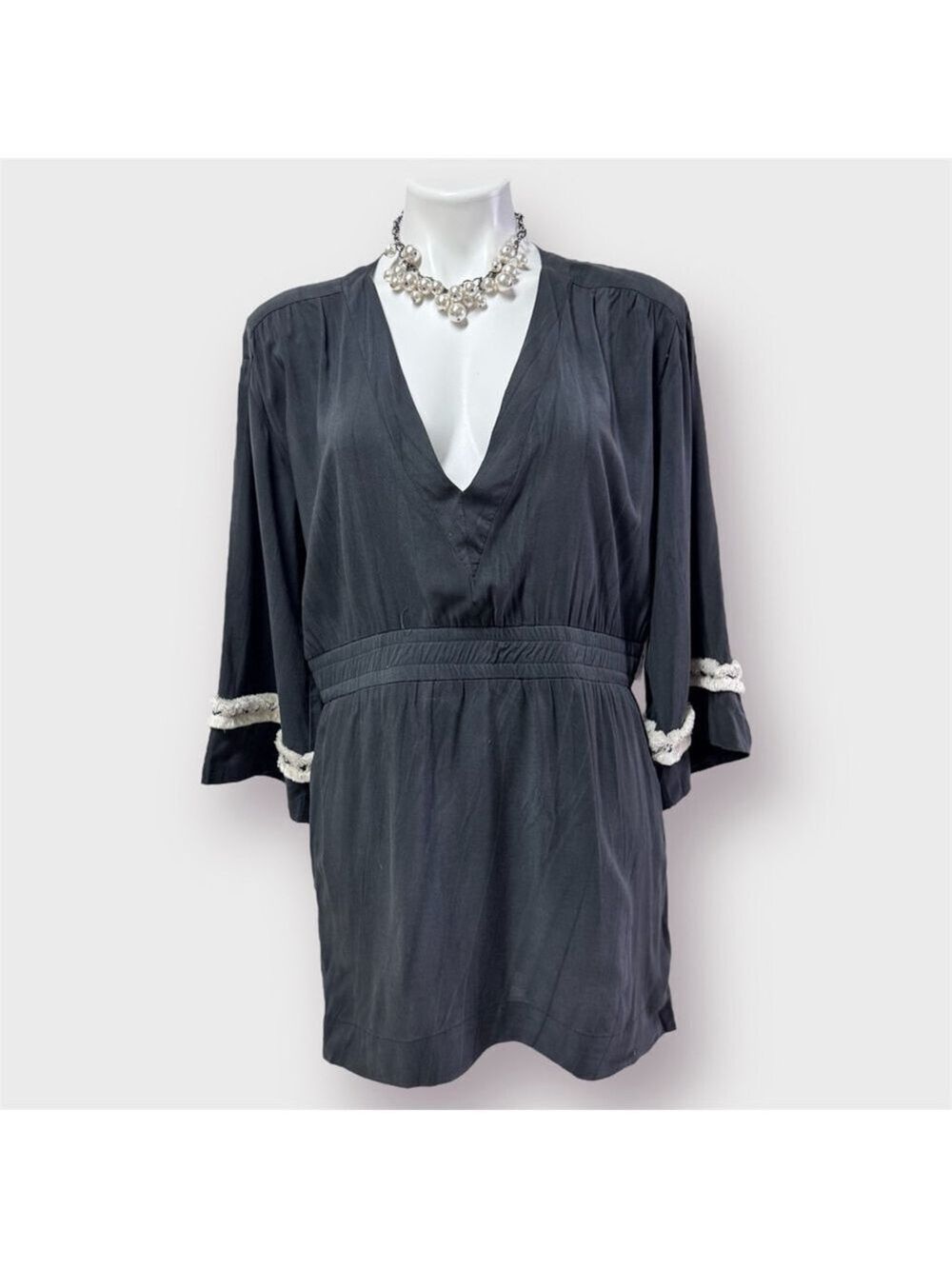 Stillwater Raye Mini Dress Charcoal Cream Fringe Medium NWT - Picture 2 of 12